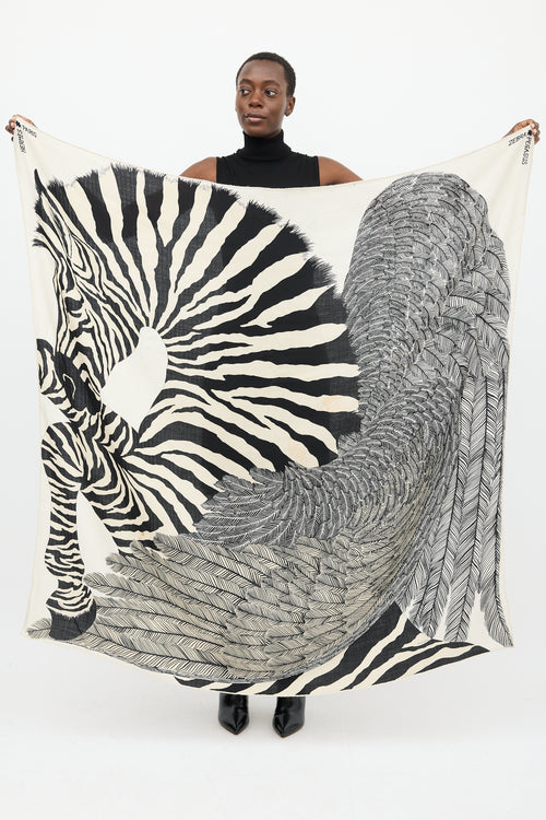 Hermès Black 
White Cashmere 
Silk Zebra Pegasus 140 Shawl