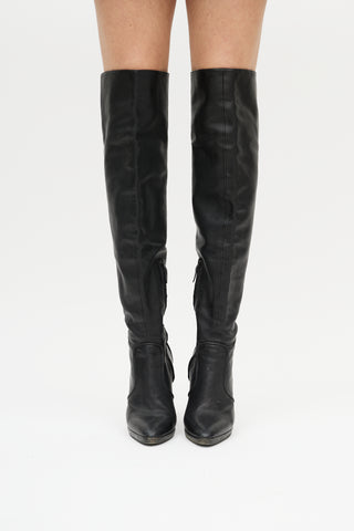 Hermès Black Leather Heeled Knee High Boot