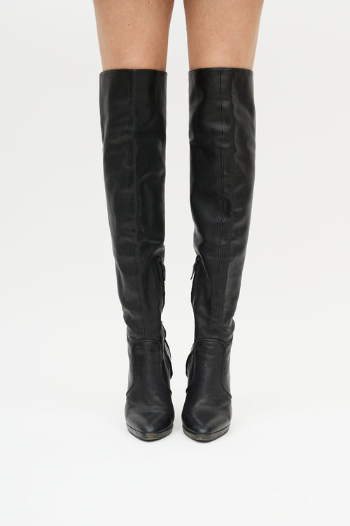 Hermès Black Leather Heeled Knee High Boot