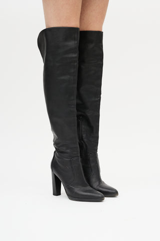 Hermès Black Leather Heeled Knee High Boot