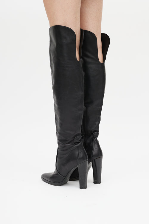 Hermès Black Leather Heeled Knee High Boot