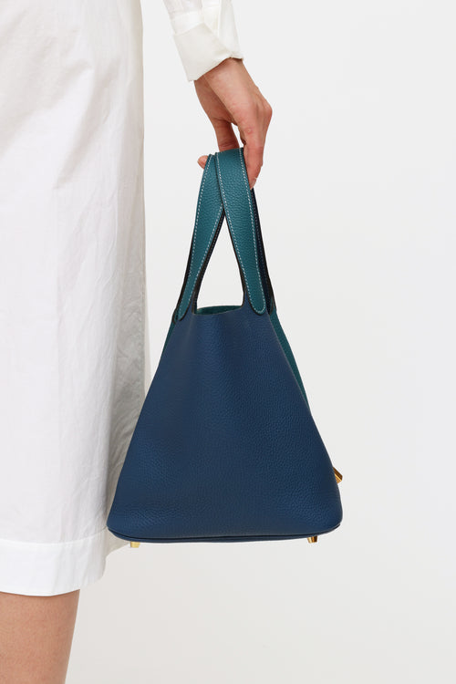 Hermes Deep Blue 
Vert Bosphore Clemence Leather Picotin Bag