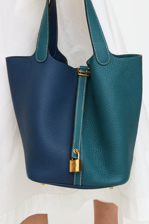 Hermes Deep Blue 
Vert Bosphore Clemence Leather Picotin Bag