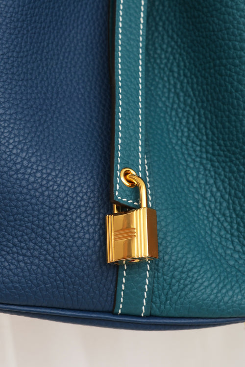 Hermes Deep Blue 
Vert Bosphore Clemence Leather Picotin Bag