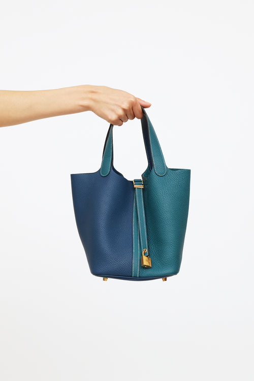 Hermes Deep Blue 
Vert Bosphore Clemence Leather Picotin Bag