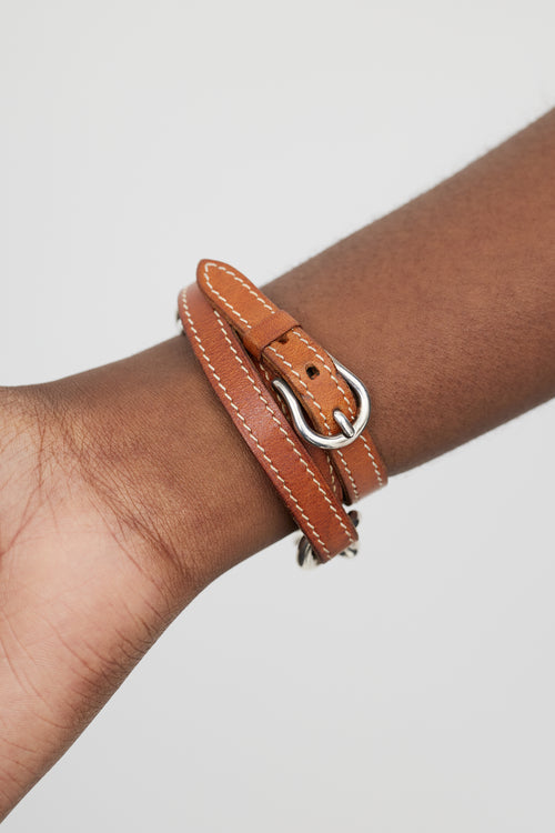 Hermès Brown Barenia 
Silver Double Tour Bracelet