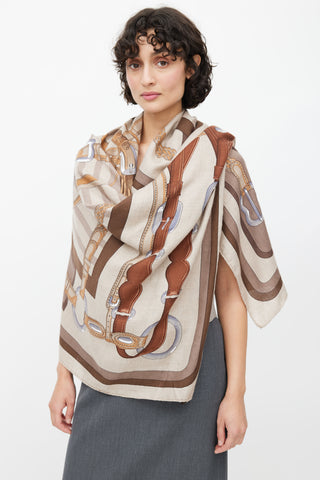  Hermès Brown Silk 
Cashmere Coaching 140 Scarf