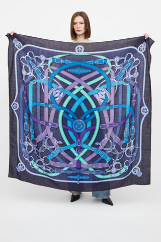 Hermès Blue Cavalcadour Cashmere Silk Shawl