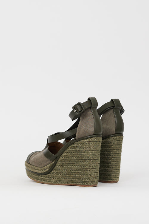 Hermès Green Canvas 
Leather Ibiza Espadrille Wedge