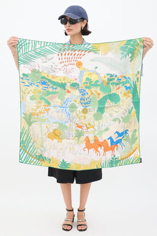 Hermès Green 
Multicolour Silk Le Carnaval des Animaux 90 Scarf