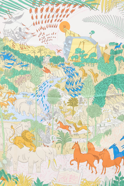 Hermès Green 
Multicolour Silk Le Carnaval des Animaux 90 Scarf