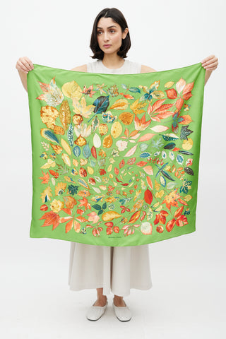 Hermès Green 
Multicolour Silk Tourbillons Leaves Scarf