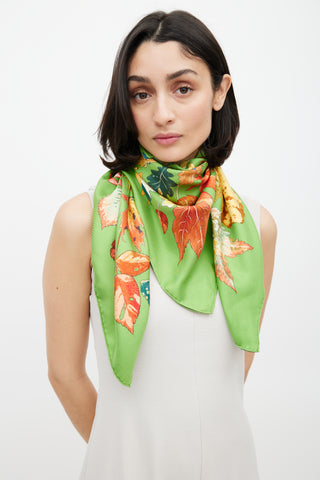 Hermès Green 
Multicolour Silk Tourbillons Leaves Scarf