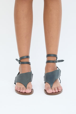 Hermès Grey 
Brown Leather T-Strap Sandal