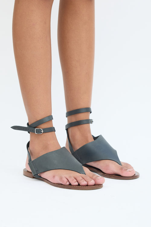 Hermès Grey 
Brown Leather T-Strap Sandal