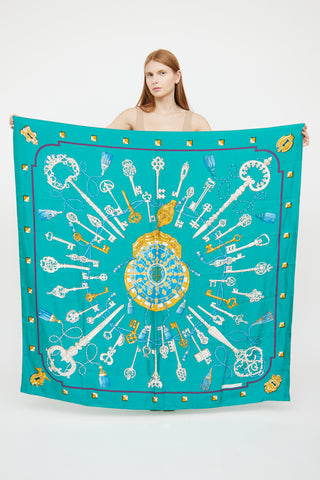 Teal Les Cles Silk Shawl Scarf