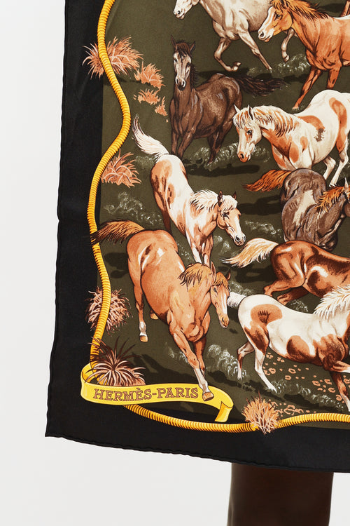 Hermes Green Le Mustangs Silk Twill Scarf