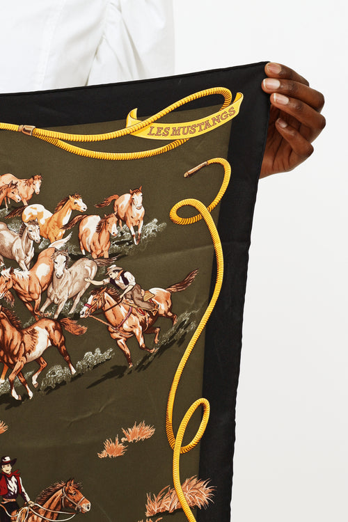 Hermes Green Le Mustangs Silk Twill Scarf