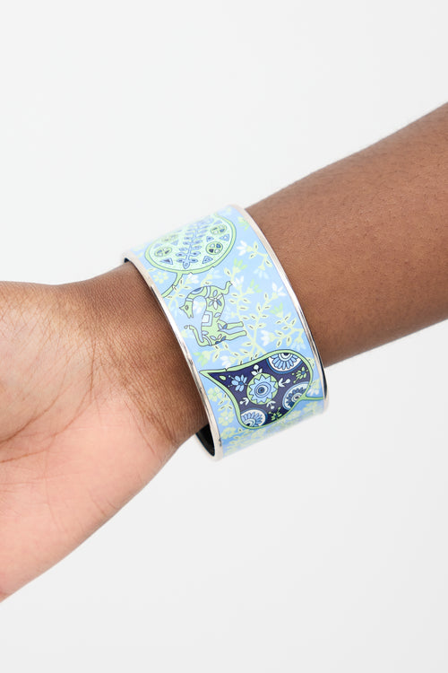 Hermès Light Blue 
Green Enamel Floral Extra Wide Bangle Bracelet