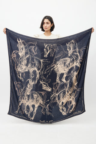 Hermès Navy 
Beige Cashmere 
Silk Pirouette Au Galop 140 Scarf