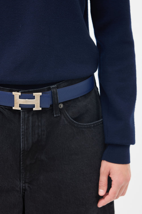 Hermès Navy 
Black Leather Reversible H Belt