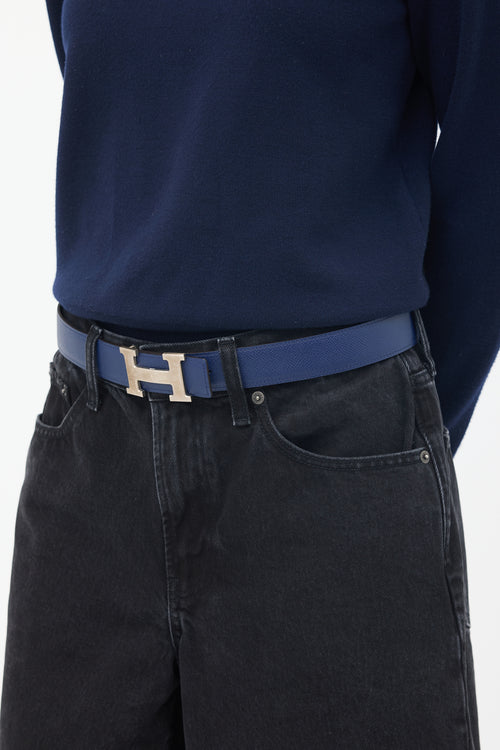 Hermès Navy 
Black Leather Reversible H Belt