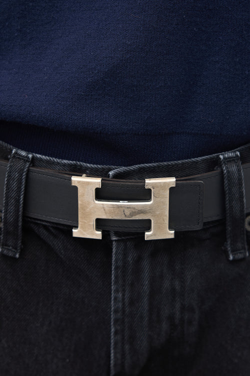 Hermès Navy 
Black Leather Reversible H Belt