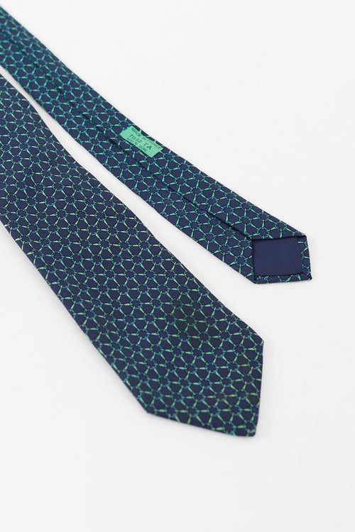 Hermès Navy 
Green Silk Geometric Tie