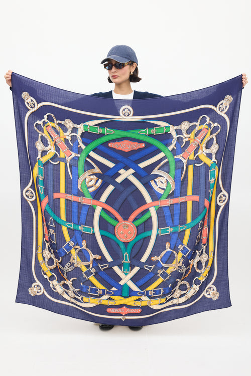 Hermès Navy 
Multicolour Cashmere 
Silk Cavalcadour 140 Scarf