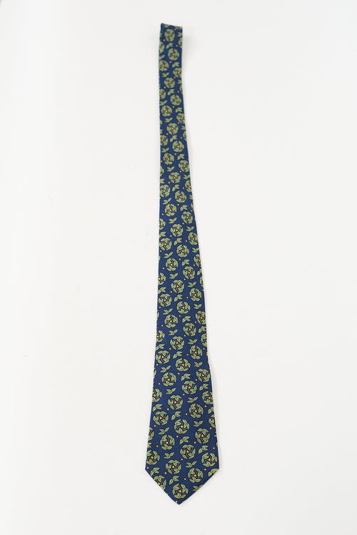 Hermès Navy 
Multicolour Silk Leaf Printed Tie