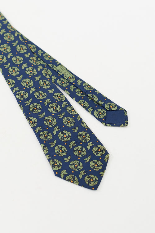 Hermès Navy 
Multicolour Silk Leaf Printed Tie