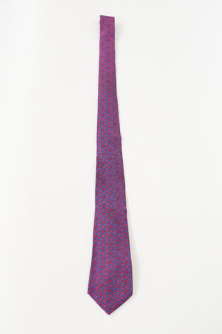 Hermès Navy 
Red Silk Printed Tie