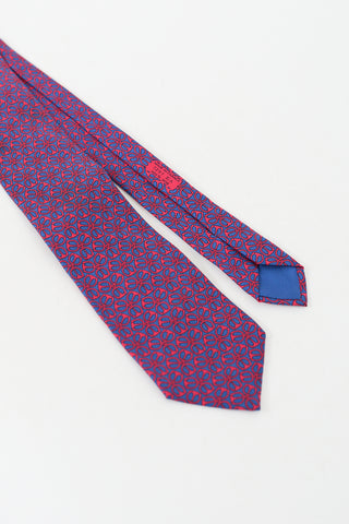 Hermès Navy 
Red Silk Printed Tie