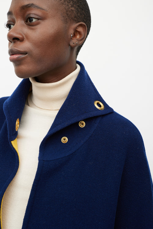 Hermes Navy 
Yellow Wool Grommet Coat