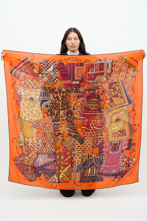 Hermès Orange 
Multicolour Cashmere Voyage en Etoffes Scarf