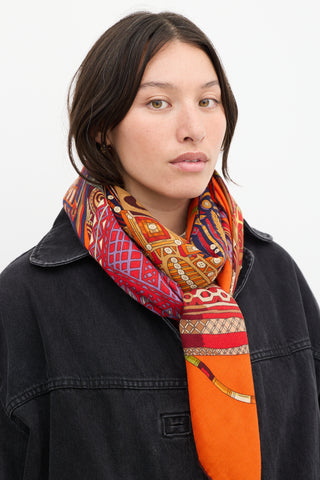 Hermès Orange 
Multicolour Cashmere Voyage en Etoffes Scarf