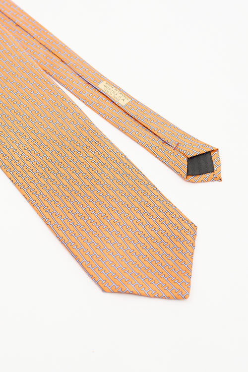 Hermès Orange 
Blue Silk H Chain Tie