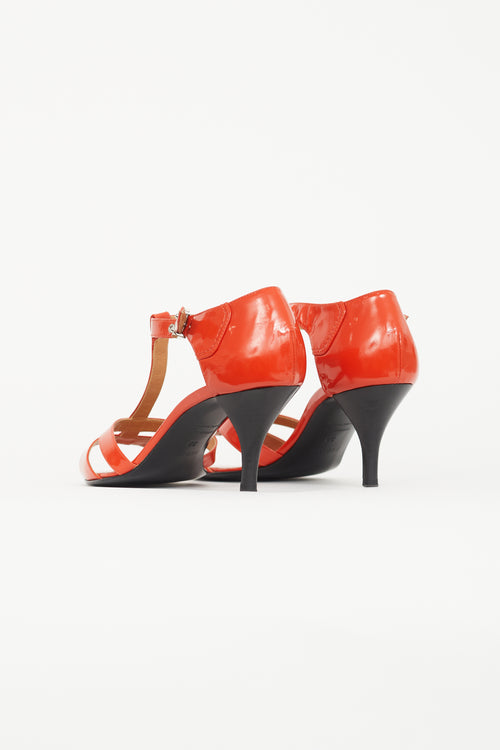 Hermès Orange Patent T-Strap Heeled Sandal