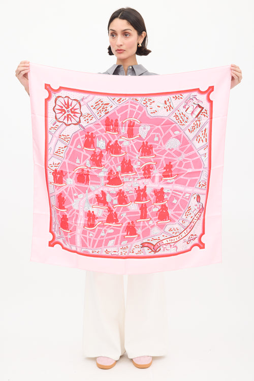 Hermès Pink Silk Les Amoureux de Paris 90 Scarf