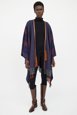 Hermes Navy 
Brown Striped Wool Poncho