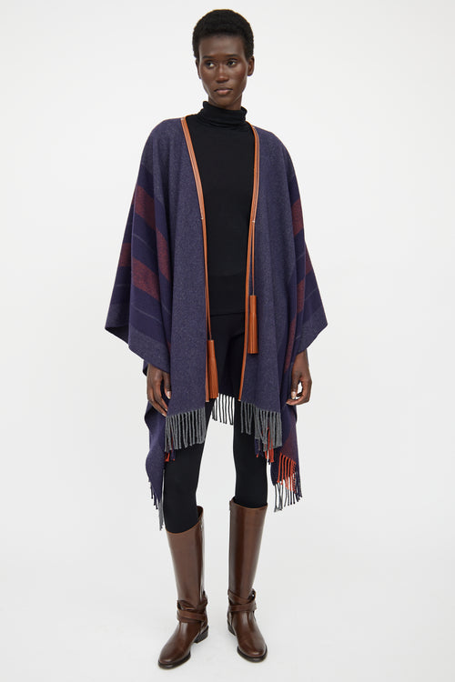 Hermes Navy 
Brown Striped Wool Poncho