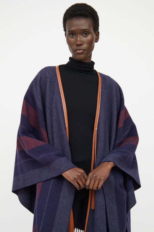 Hermes Navy 
Brown Striped Wool Poncho