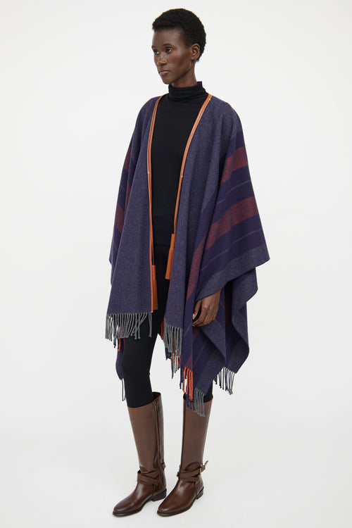 Hermes Navy 
Brown Striped Wool Poncho