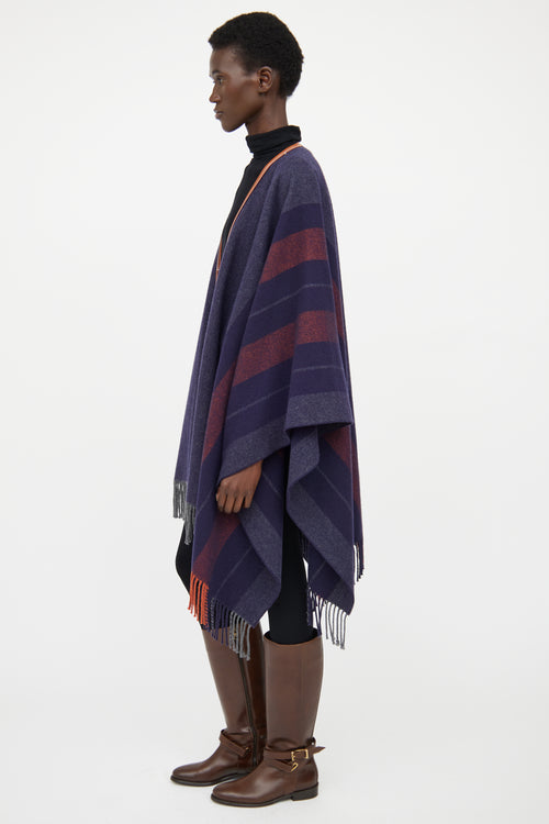 Hermes Navy 
Brown Striped Wool Poncho