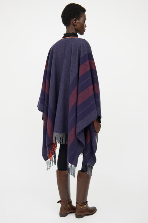 Hermes Navy 
Brown Striped Wool Poncho