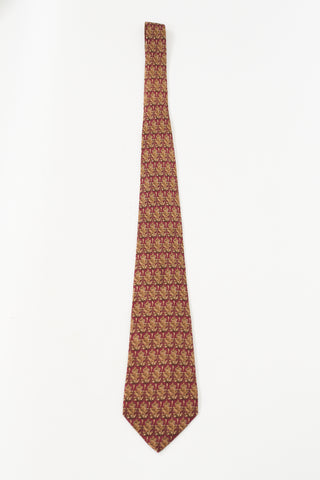 Hermès Red 
Brown Silk Leaf Printed Tie