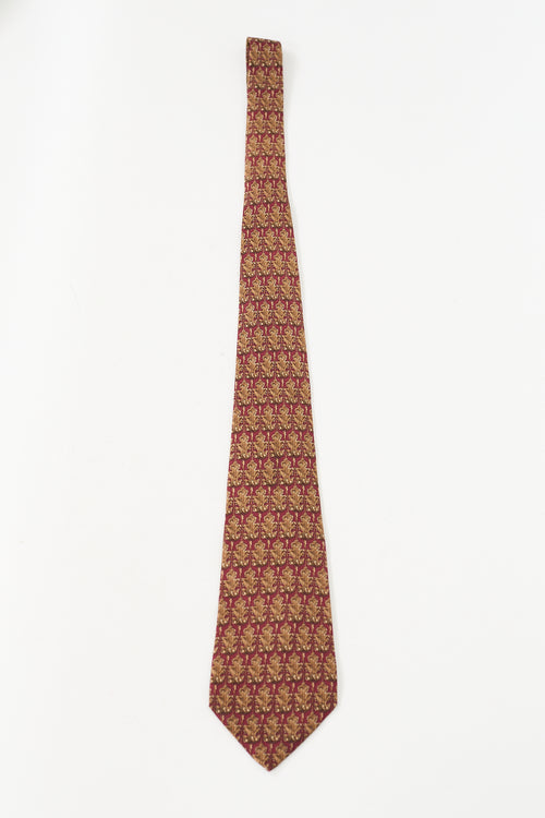 Hermès Red 
Brown Silk Leaf Printed Tie