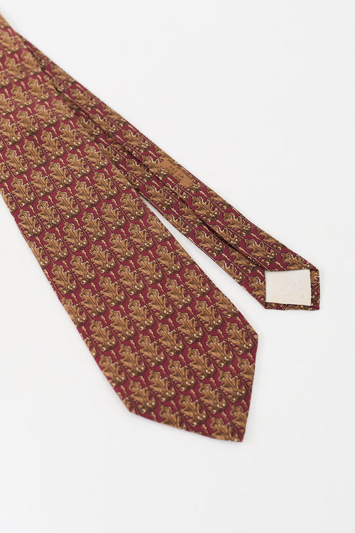 Hermès Red 
Brown Silk Leaf Printed Tie