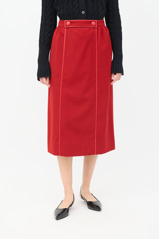 Hermès Vintage Red Wool 
Leather Trimmed Midi Skirt