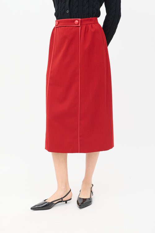 Hermès Vintage Red Wool 
Leather Trimmed Midi Skirt